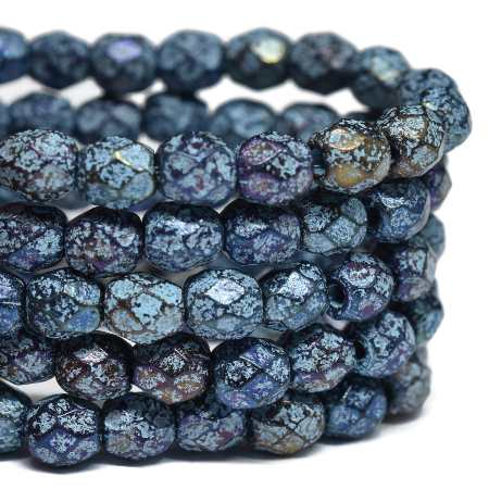 4mm Etched Black with Metallic and Turquoise Wash Czech Fire Polish Round - 50 pieces - 1346R