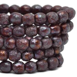 4mm etched red oxide metallic purple Czech fire polished round beads