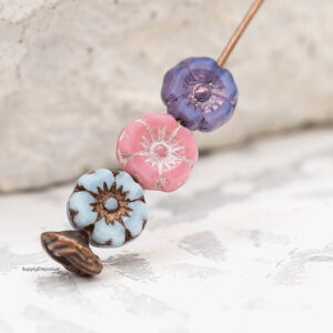 7mm Czech hibiscus flower bead mix spring blossom colors aqua pink lavender turquoise jewelry making