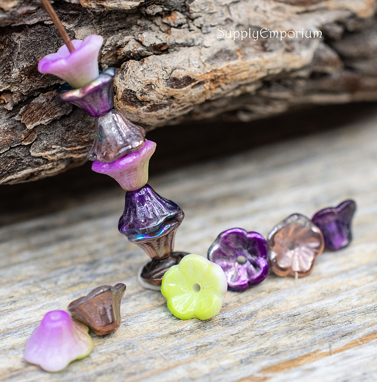 7x5mm Czech glass cup bead mix in assorted multicolor finishes including purple, green, yellow, and iridescent tones