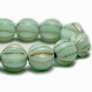 6mm Czech Melon Round Beads Mint with Gold Wash Czech Glass Beads