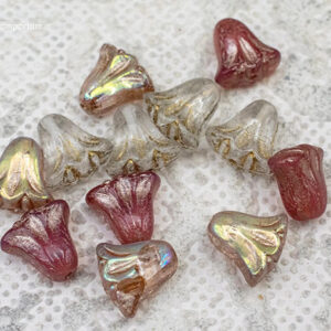 9x10mm Czech glass lily flower beads in soft rose, blush, cream, and muted vintage tones
