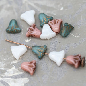 9x10mm Czech glass lily flower beads Lilies in the Snow Mix182 pastel pink blue white and frosted flower beads