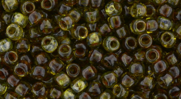 8/0 Hybrid Transparent Lime Green Picasso Toho Seed Bead - Quantity: 15 grams - 2033