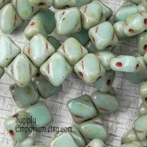 czech 2 hole silky beads 6mm light turquoise green travertin