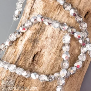 4mm silver Czech fire polish round beads faceted metallic glass beads