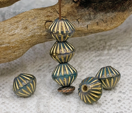 9mm Teal Emerald w/Gold Czech Large Hole Bicone - 6 pieces - 3364R - Image 3