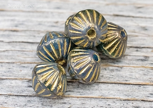 9mm Teal Emerald w/Gold Czech Large Hole Bicone - 6 pieces - 3364R