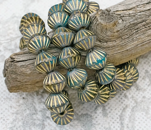 9mm Teal Emerald w/Gold Czech Large Hole Bicone - 6 pieces - 3364R - Image 4