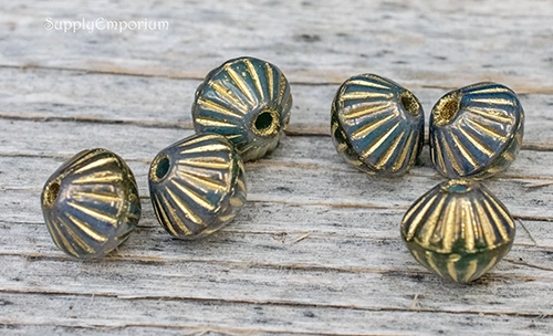 9mm Teal Emerald w/Gold Czech Large Hole Bicone - 6 pieces - 3364R - Image 5