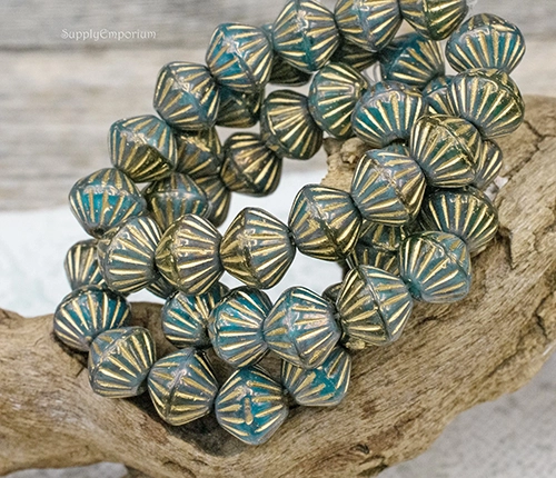 9mm Teal Emerald w/Gold Czech Large Hole Bicone - 6 pieces - 3364R - Image 6