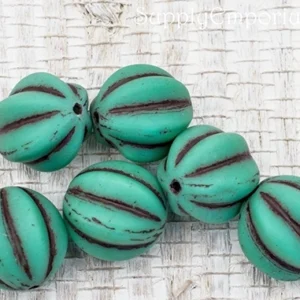 12mm matte sea green with brown czech melon round beads 6 pieces