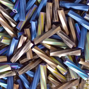 2x12mm Miyuki twisted bugle bead mix in metallic bronze, steel blue, gold, and gunmetal tones with a sleek reflective finish