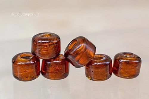 Roller Beads, Large Barrel Beads, 10x11mm Rootbeer Brown Silver Foil Swirls Roller Bead, 6 Beads, 3ROC16