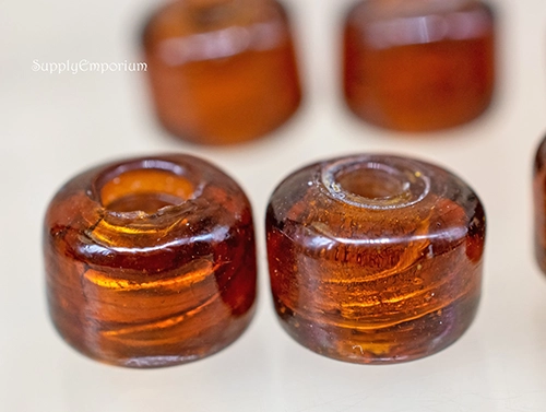 Roller Beads, Large Barrel Beads, 10x11mm Rootbeer Brown Silver Foil Swirls Roller Bead, 6 Beads, 3ROC16 - Image 2