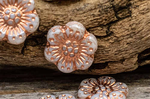 14mm Op White Luster Copper Wash Czech Wild Rose - 8 pieces - 4125R