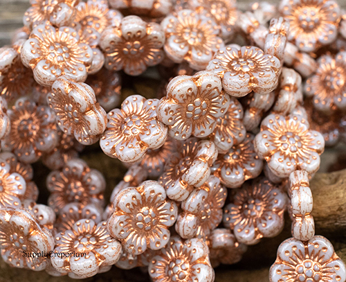 14mm Op White Luster Copper Wash Czech Wild Rose - 8 pieces - 4125R - Image 3