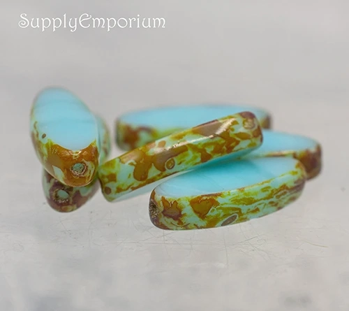 7x18mm Medium Sky Blue w/ Picasso Finish Czech Mini Spindle - 12 Pieces - 5485R - Image 5