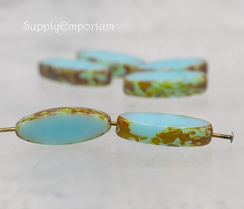 7x18mm Medium Sky Blue w/ Picasso Finish Czech Mini Spindle - 12 Pieces - 5485R