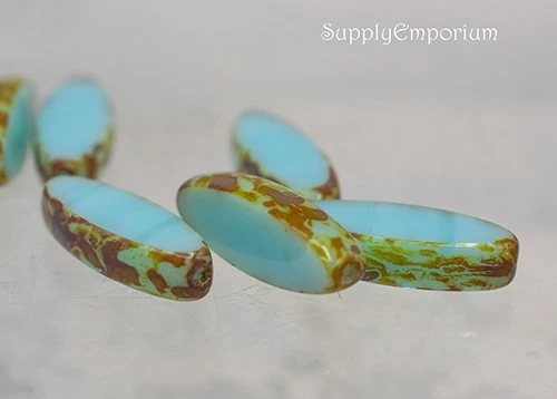 7x18mm Medium Sky Blue w/ Picasso Finish Czech Mini Spindle - 12 Pieces - 5485R - Image 4