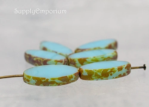 7x18mm Medium Sky Blue w/ Picasso Finish Czech Mini Spindle - 12 Pieces - 5485R - Image 3