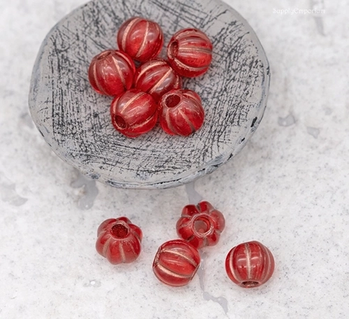 8mm Red w/Copper Wash Czech Large Hole Melon - 10 pieces - 7476ROC32 - Image 4