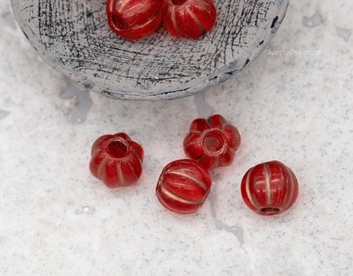 8mm Red w/Copper Wash Czech Large Hole Melon - 10 pieces - 7476ROC32 - Image 2