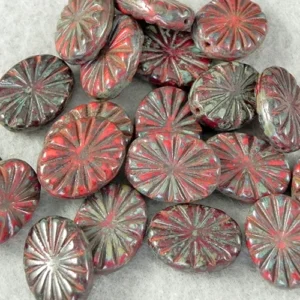 18x14mm scarlet Czech oval beads deep red glass beads with pressed floral pattern