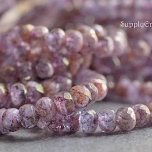 3x5mm marbled lilac pink Czech rondelle glass beads, 30 pieces