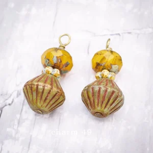 antique brass wire wrapped green picasso czech glass earring charms