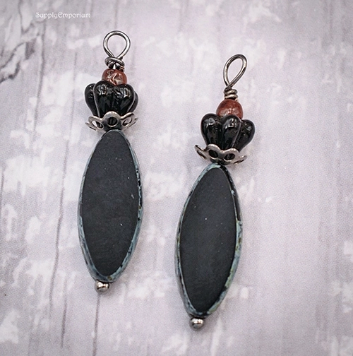 Antique Bronze Wire Wrapped Czech Glass Drop Charms. CHARM 52 (2 charms)