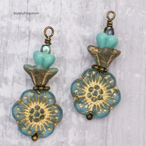 aqua turquoise picasso wire wrapped czech glass drop charms with antique bronze findings