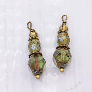 antique brass wire wrapped green picasso czech glass earring charms