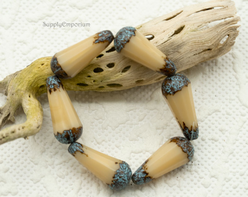 Czech Drop Beads – Etched Beige Picasso with Turquoise Wash – 20x9mm (6 Pieces) 1359 - Image 4