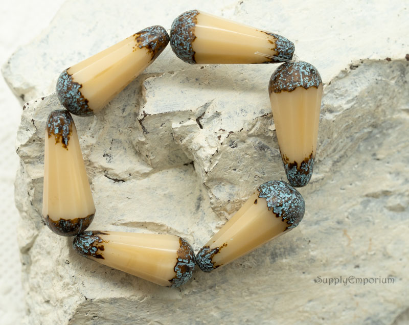 Czech Drop Beads – Etched Beige Picasso with Turquoise Wash – 20x9mm (6 Pieces) 1359 - Image 3