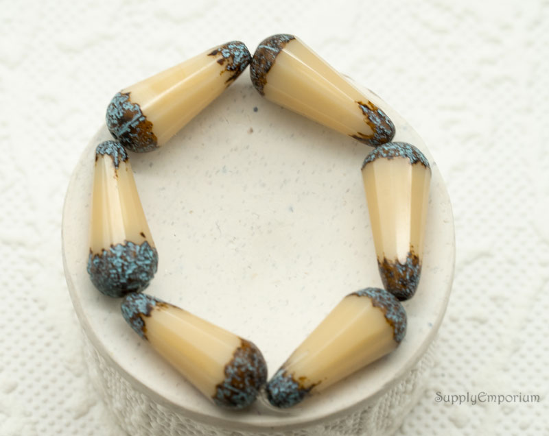 Czech Drop Beads – Etched Beige Picasso with Turquoise Wash – 20x9mm (6 Pieces) 1359 - Image 2