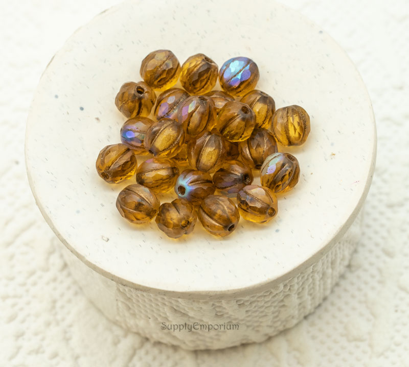 Czech Melon Round Beads – Faceted Topaz AB Bronze Wash – 6mm (25 pcs) 1527RR - Image 2