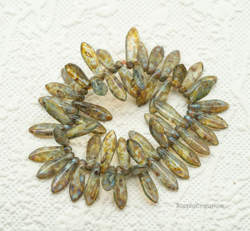 5x15mm czech dagger beads aqua green picasso