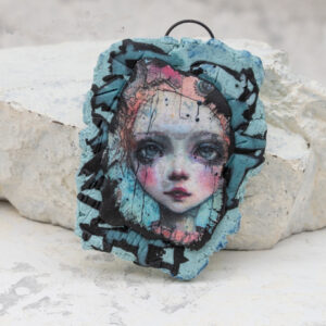 handmade polymer clay face pendant with fair girl image transfer