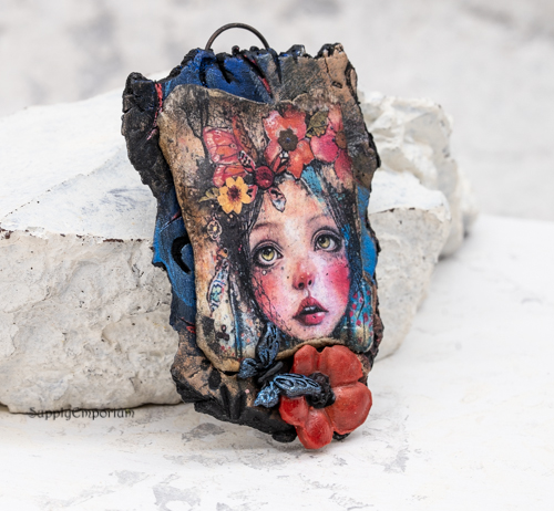 Polymer Clay Face Pendant With 3D Flower Details, 1 Piece, CLAY 5243 - Image 4