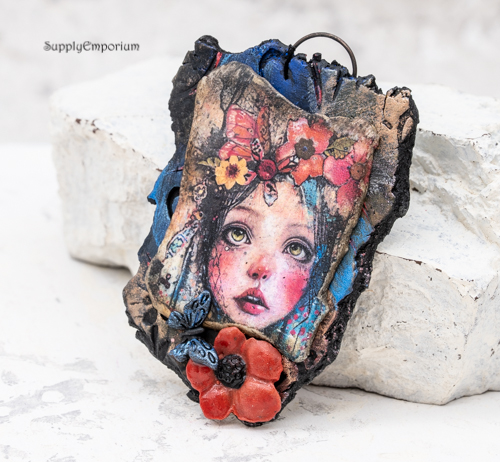 Polymer Clay Face Pendant With 3D Flower Details, 1 Piece, CLAY 5243 - Image 2