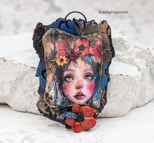 Polymer Clay Face Pendant With 3D Flower Details, 1 Piece, CLAY 5243