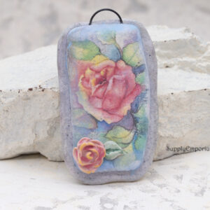 handmade polymer clay rose flower pendant with image transfer and 3D flower detail