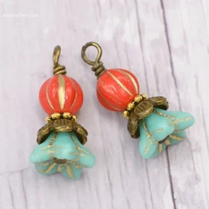 wire wrapped czech glass earring charms turquoise orange Picasso with antique bronze findings