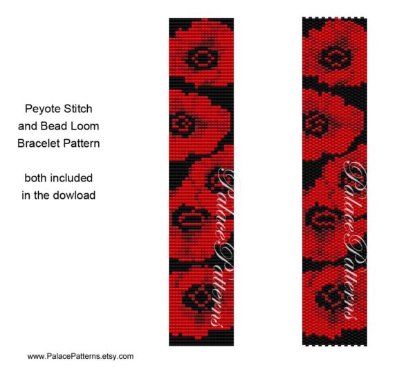 Peyote Stitch Bracelet Pattern - Red Poppies - Red Poppy Bracelet Pattern, Delica Bead Bracelet Pattern, Loom Bracelet Pattern