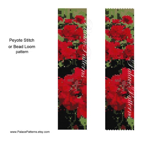 Red Geraniums Peyote Stitch Bracelet Pattern and Bead Loom Bracelet Pattern