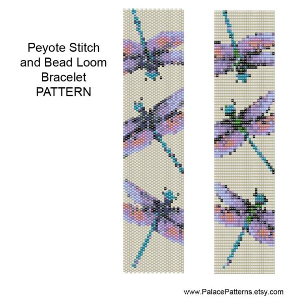 Delica Bracelet Pattern for Bead Loom Weaving or Peyote Stitch - Dragonfly on Creamy White