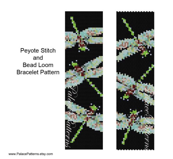 Bracelet Pattern for Bead Loom Weaving or Peyote Stitch - Dragonfly on Black Peyote Stitch or Bead Loom Bracelet Pattern