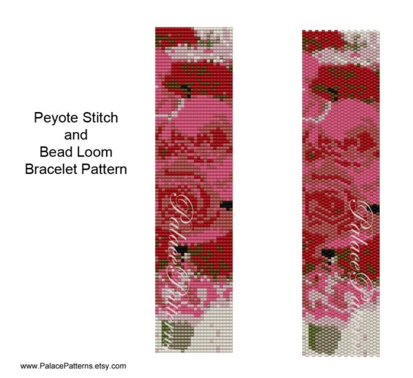 Pink Roses Peyote Bracelet Pattern or Bead Loom Bracelet Pattern - Rose 1 Delica Bead Bracelet Pattern