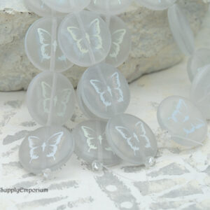 17mm matte crystal AB Czech coin bead with laser etched butterfly design